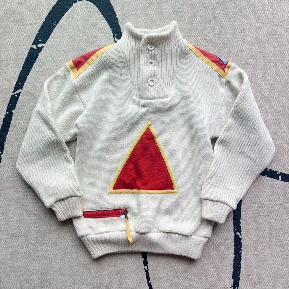 VTG‎ Y2K Geometric White Wool Blend Sweater Sz S Pocket Denmark Made Ski Knit